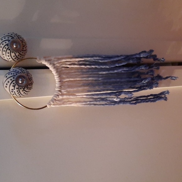 Bohemian Style White with Blue Ombre Macrame Strings on a Ring - Picture 2 of 4